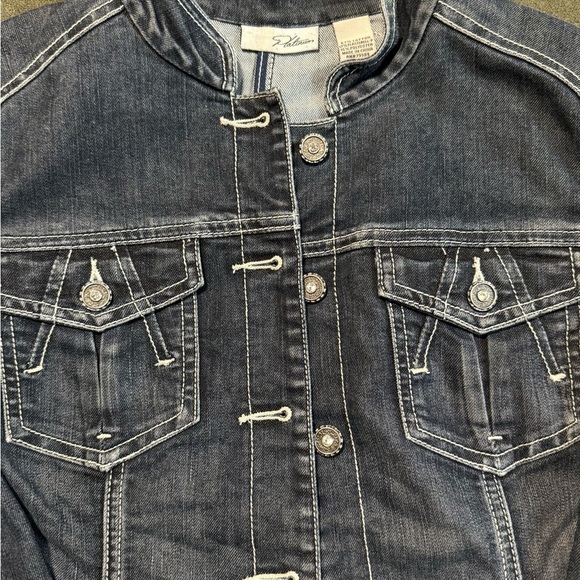 Chico’s Platinum Rhinestone Dark Wash Denim Jacket with Unique Button Details - Picture 2 of 6